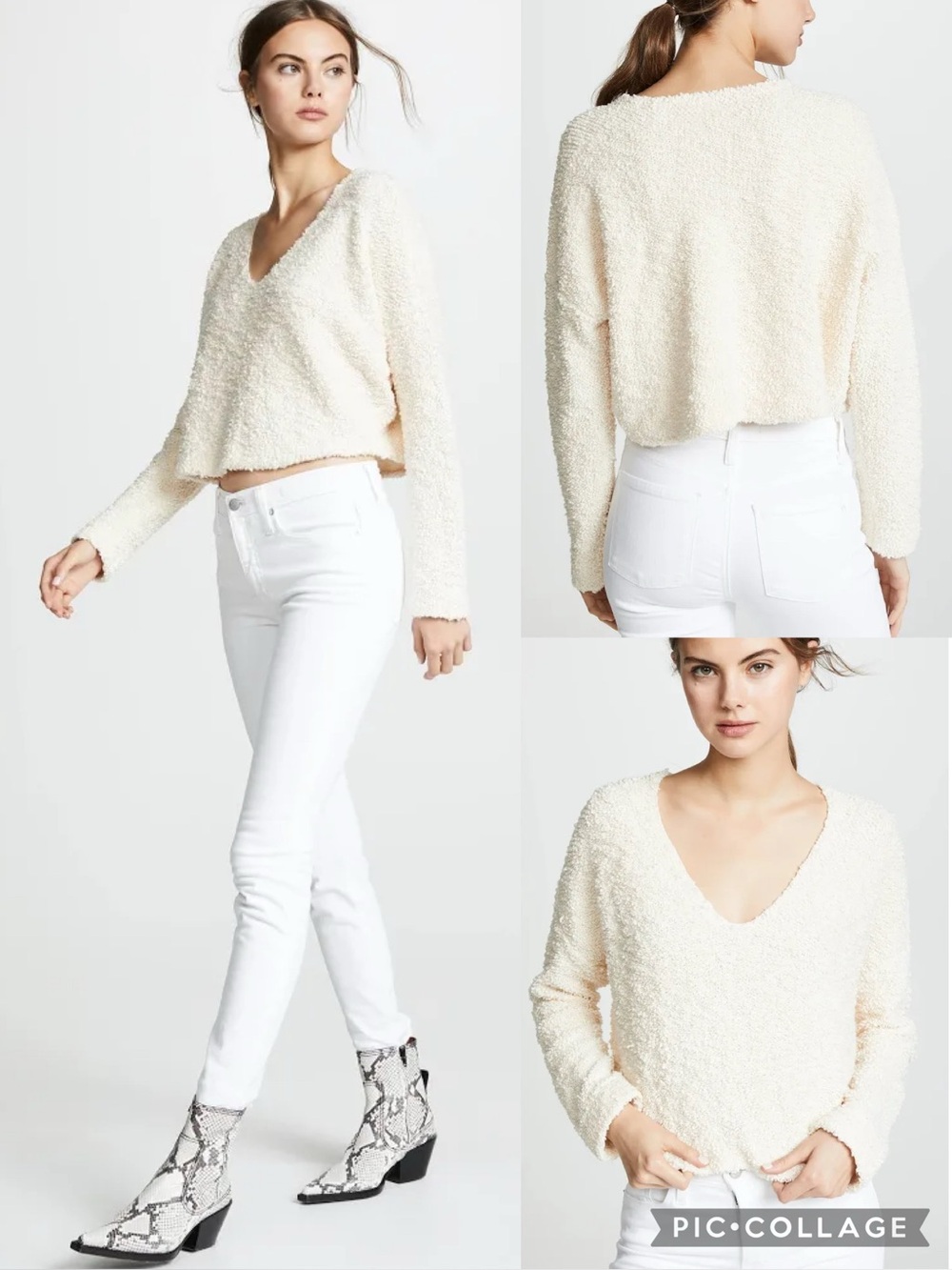Free People Cream Fuzzy Textured Pullover V-Neck Crop Dolman Sleeve Sweater